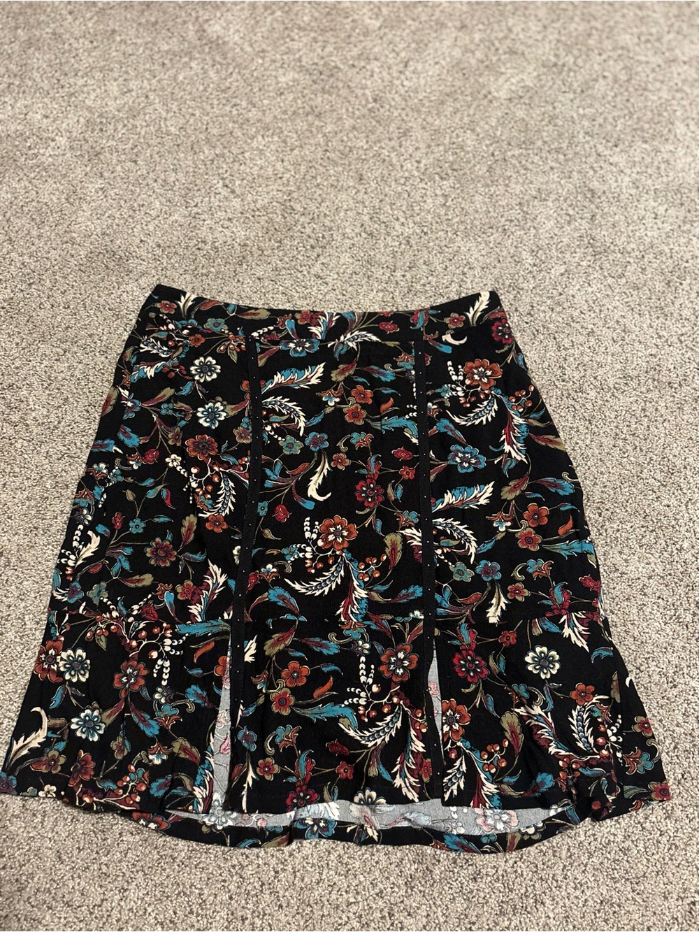 Idyllwind Black Floral A-Line Skirt with Teal, Rust, Cream, and Burgundy Accents
